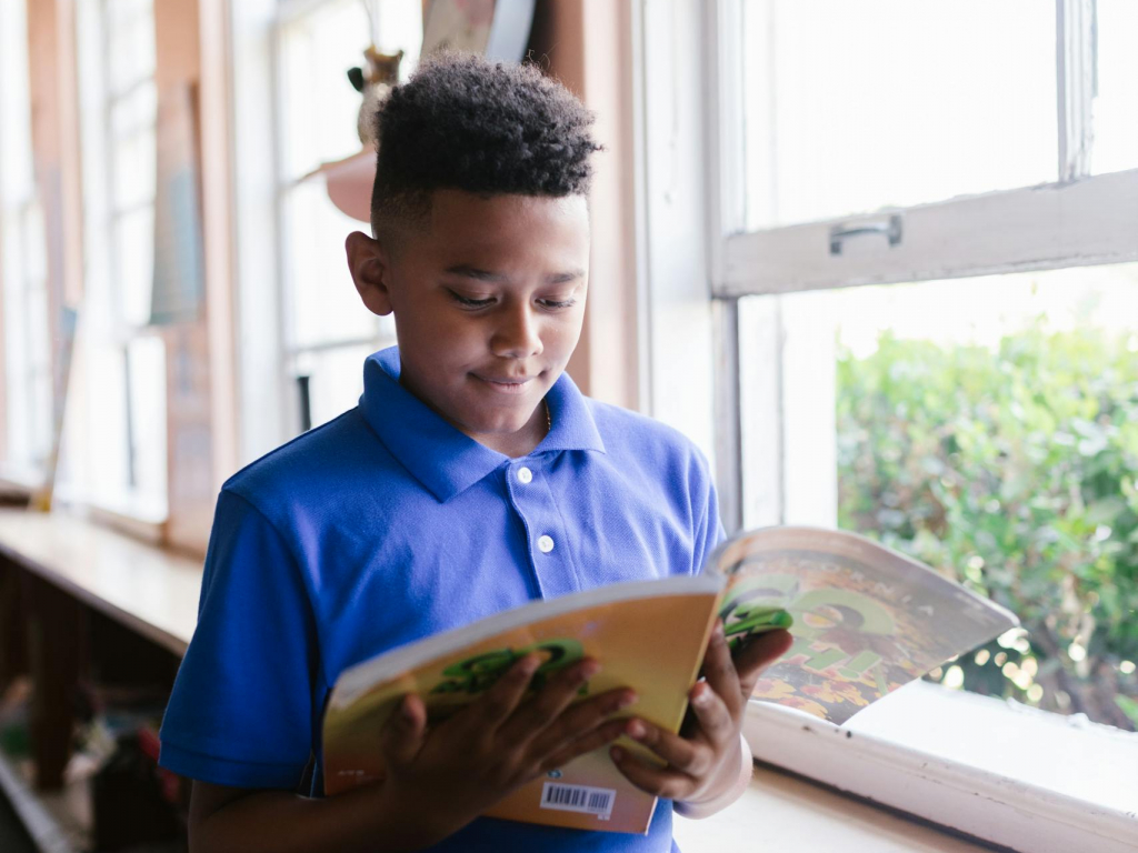 A boy in a blue polo reads a book by a sunlit window, enjoying a quiet moment indoors.