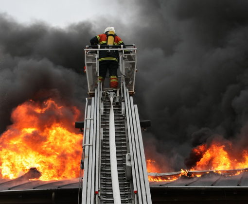 Heroic firefighters tackle a fierce blaze on a city home, using a ladder truck.